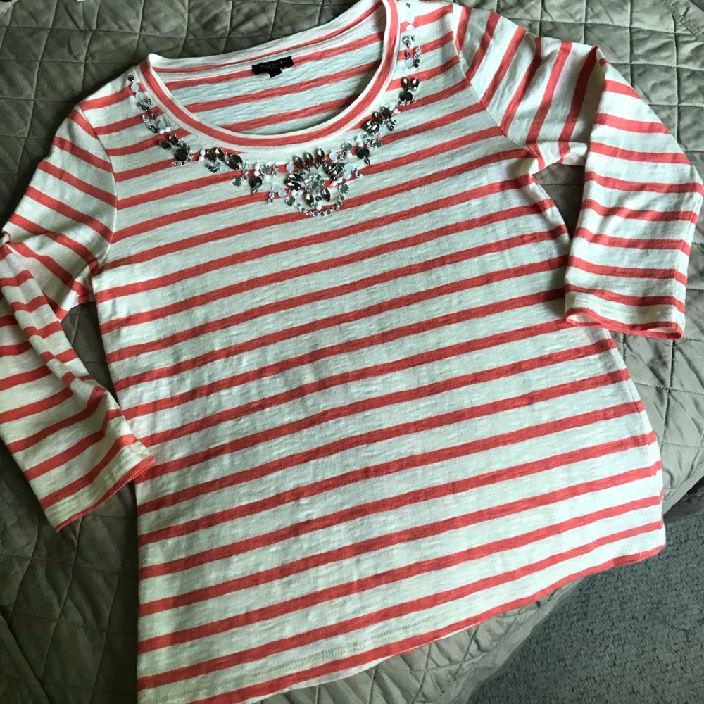 Embellished Coral & Ivory Striped Top